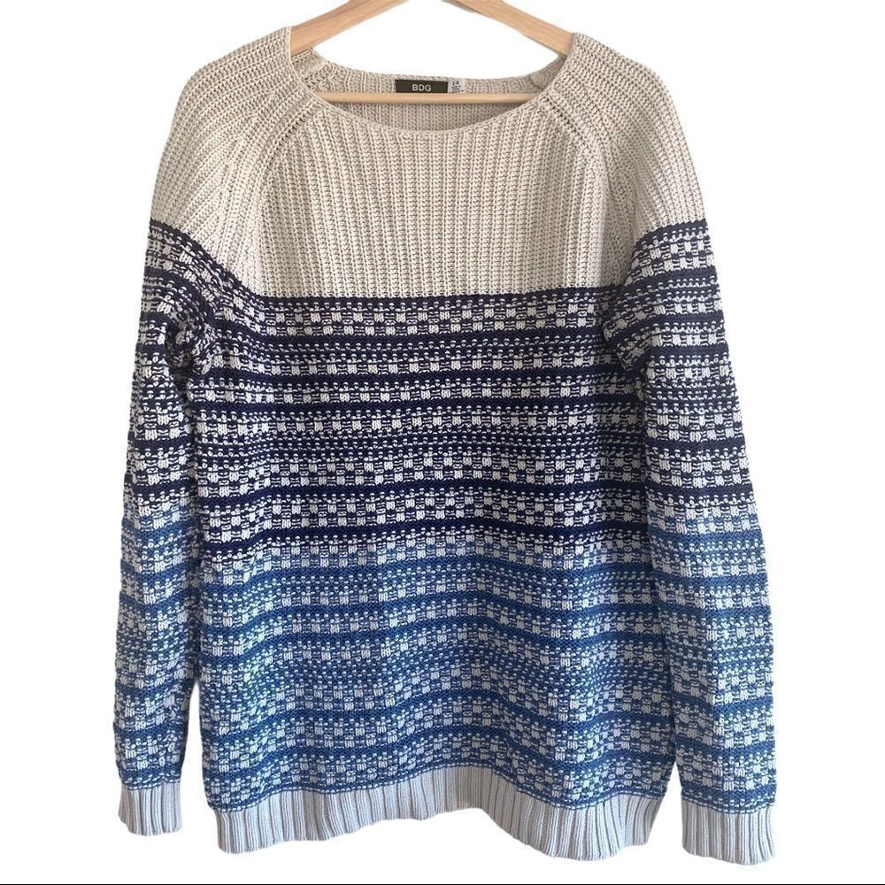 BDG Knitted Ribbed Blue and Cream Stripes Sweater